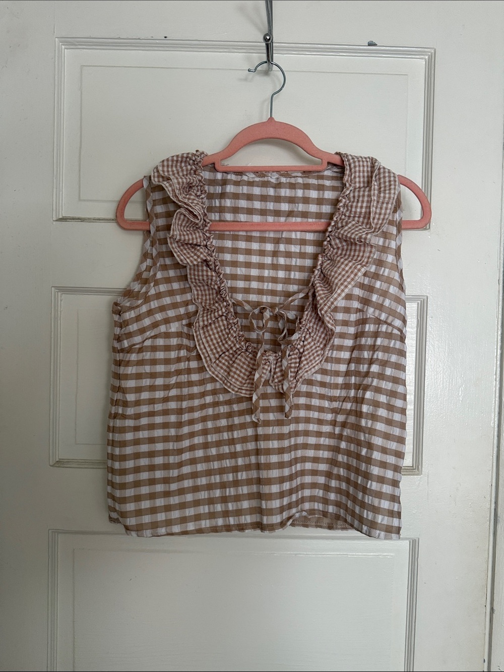 SHEIN Brown and White Striped Ruffle Tie-Front Tank